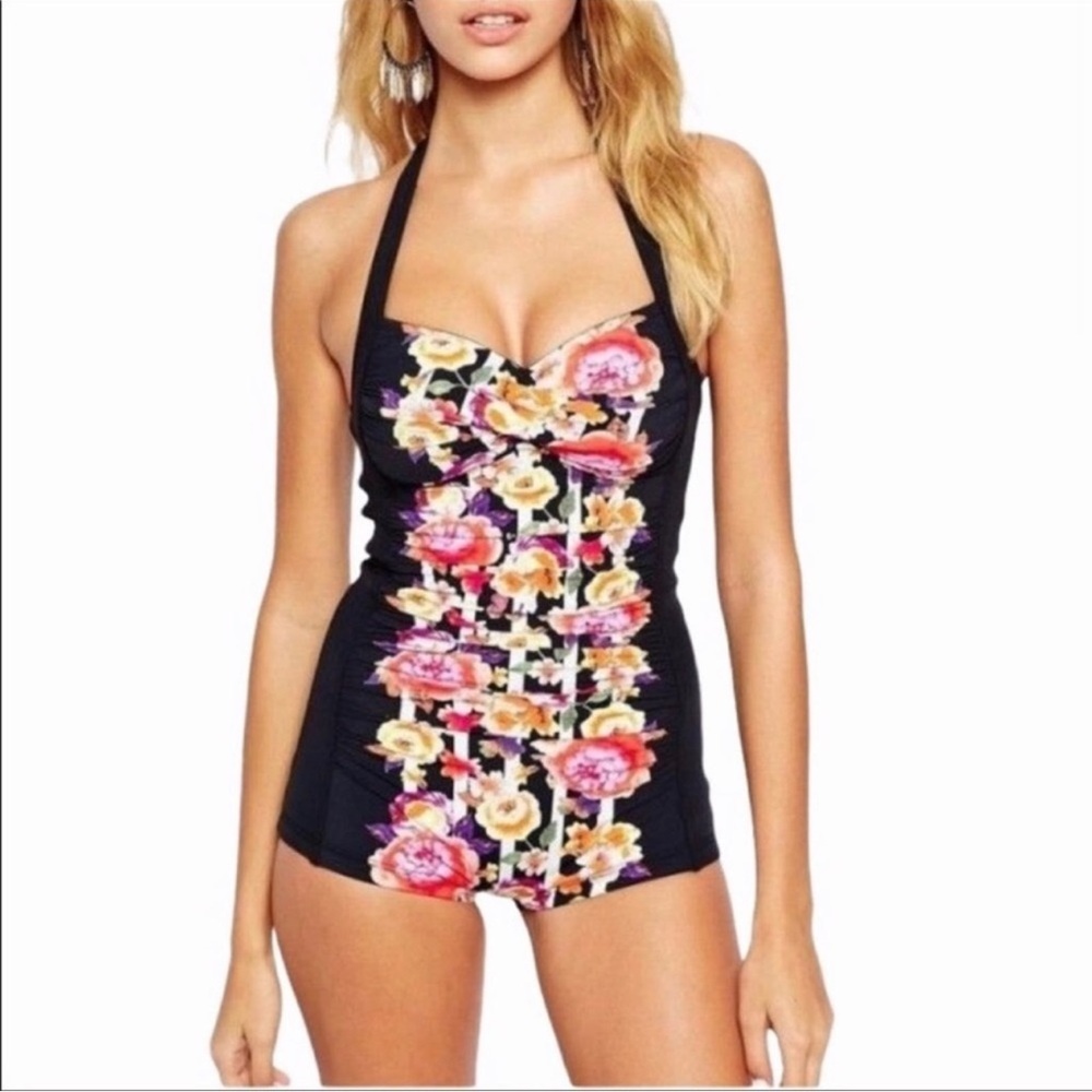 Seafolly Black & Floral Boyleg Maillot Swimsuit